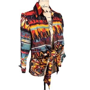 Mishca Open Front Shirt Collared Abstract Tie At Fitted Waist Sz S Stagecoach